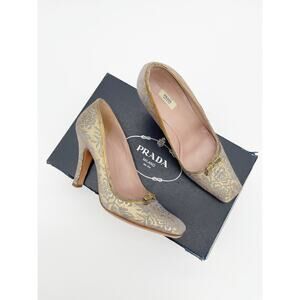 Prada Vintage Retro Gold Floral Brocade Snakeskin Bow Square Toe Heels IT 38